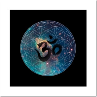 Om in Nebula Flower of Life Posters and Art